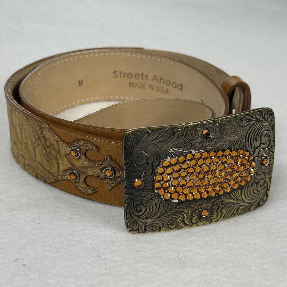 Streets Ahead Belt Western Rhinestone Womens Medium Brown Tooled Leather 34005